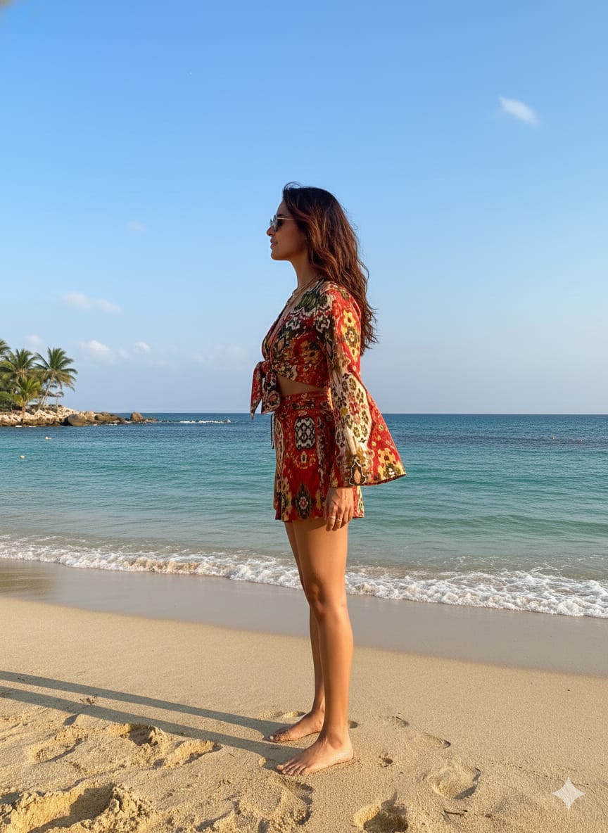 Women’s Red Ikkat Printed Cotton Beach Wear Set with Tie-Up Top & Shorts