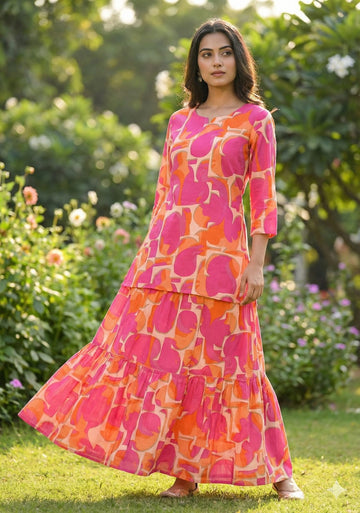 Women’s Red Abstract Printed Rayon Kurta with Flared Skirt Set