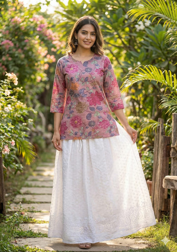 Women’s Spring Onion Floral Printed Cotton Kurta with Chikankari Flared Skirt Set