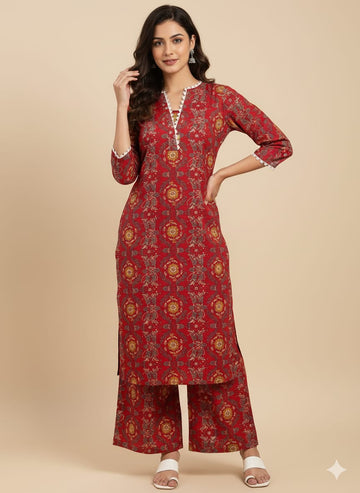 Red Printed Cotton Suit Sets for Women