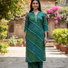 Women's Green Leheriya Print Cotton Suit Sets with Lace Trim