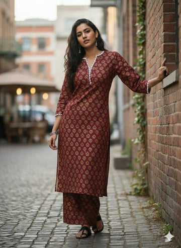 Women's Maroon & Gold Traditional Print Chanderi Silk Blend Suit Sets