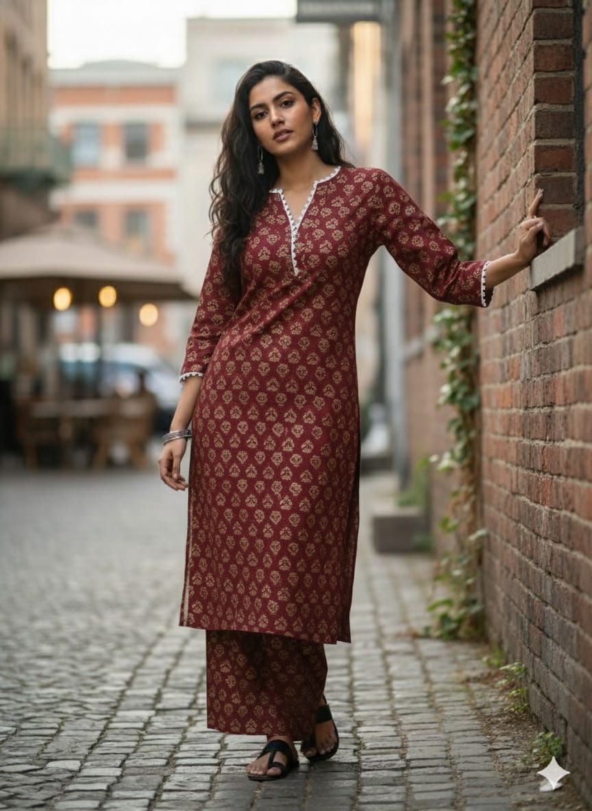 Women's Maroon & Gold Traditional Print Chanderi Silk Blend Suit Sets