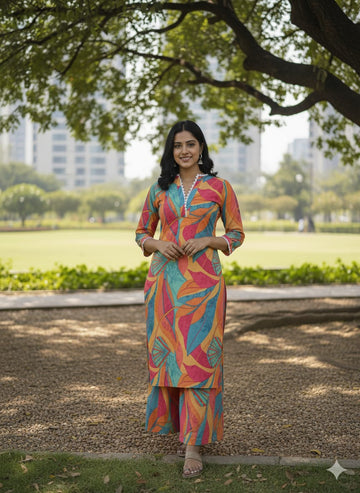 Women's Vibrant Tropical Leaf Print Cotton Suit Sets - Multi-Color