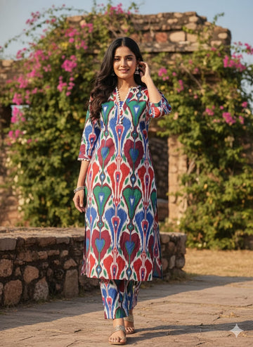 Women's Vibrant Ikat Print Cotton Suit Sets - Red, Blue & Green