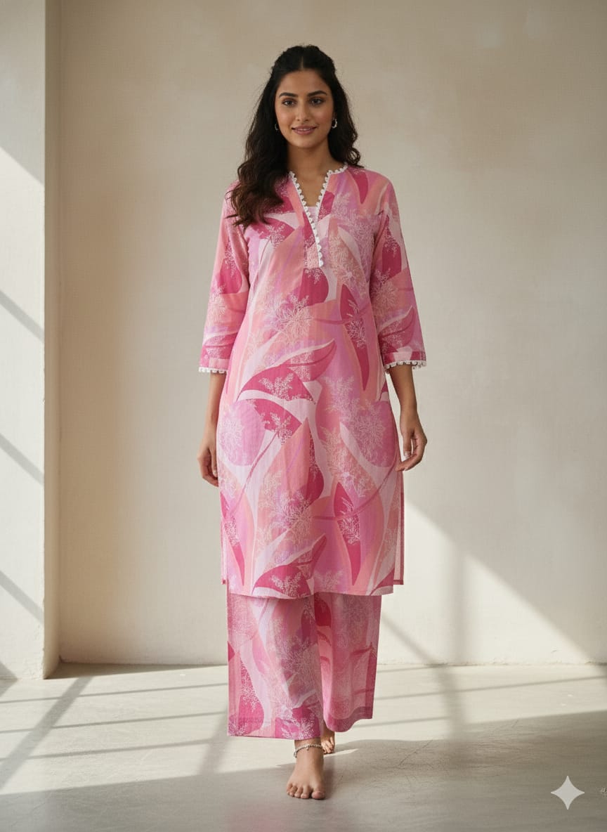 Women's Pastel Pink Abstract Print Cotton Suit Sets with Lace Trim