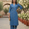 Women's Blue Botanical Print Rayon Suit Sets with White Lace