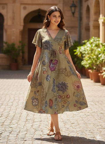 Olive Green Floral Cotton Midi Dresses with Flared Sleeves | Western Wear