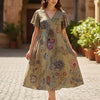 Olive Green Floral Cotton Midi Dresses with Flared Sleeves | Western Wear