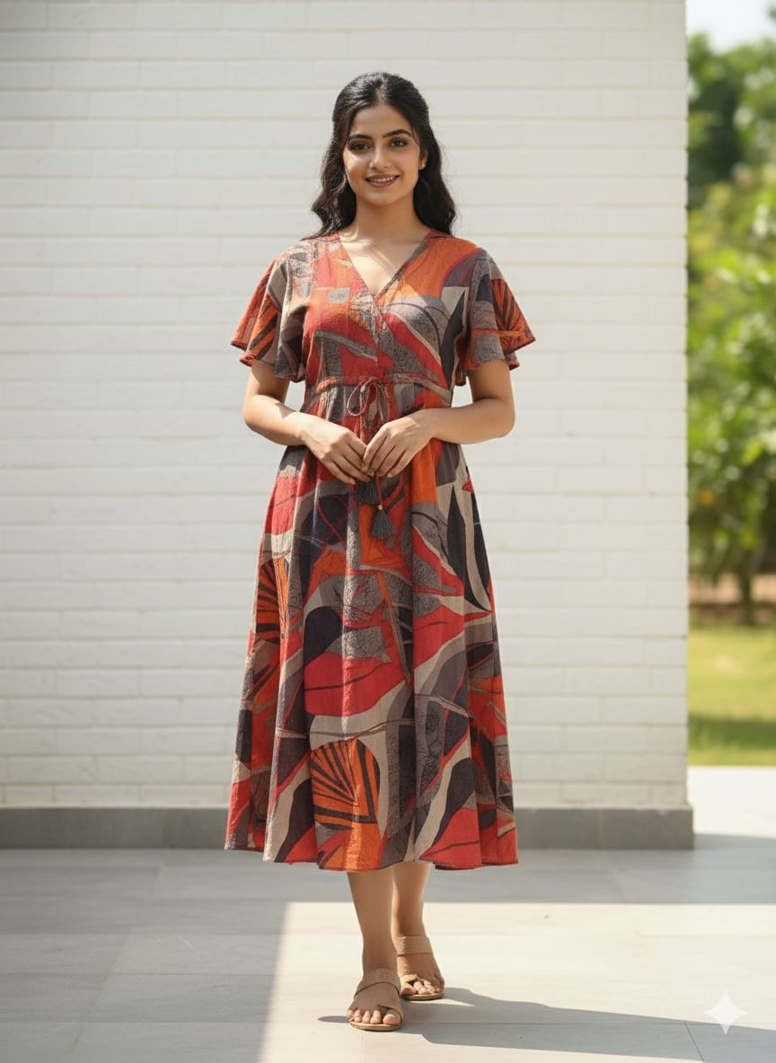 Rust & Charcoal Abstract Cotton Midi Dresses with Flutter Sleeves | Western Wear