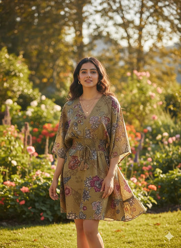 Olive Floral Printed Cotton Dresses | Midi Dresses | Western Wear