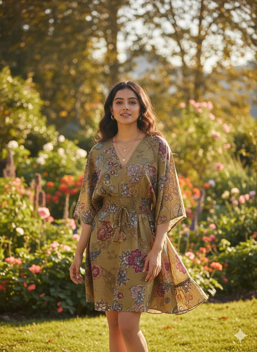 Olive Floral Printed Cotton Dresses | Midi Dresses | Western Wear