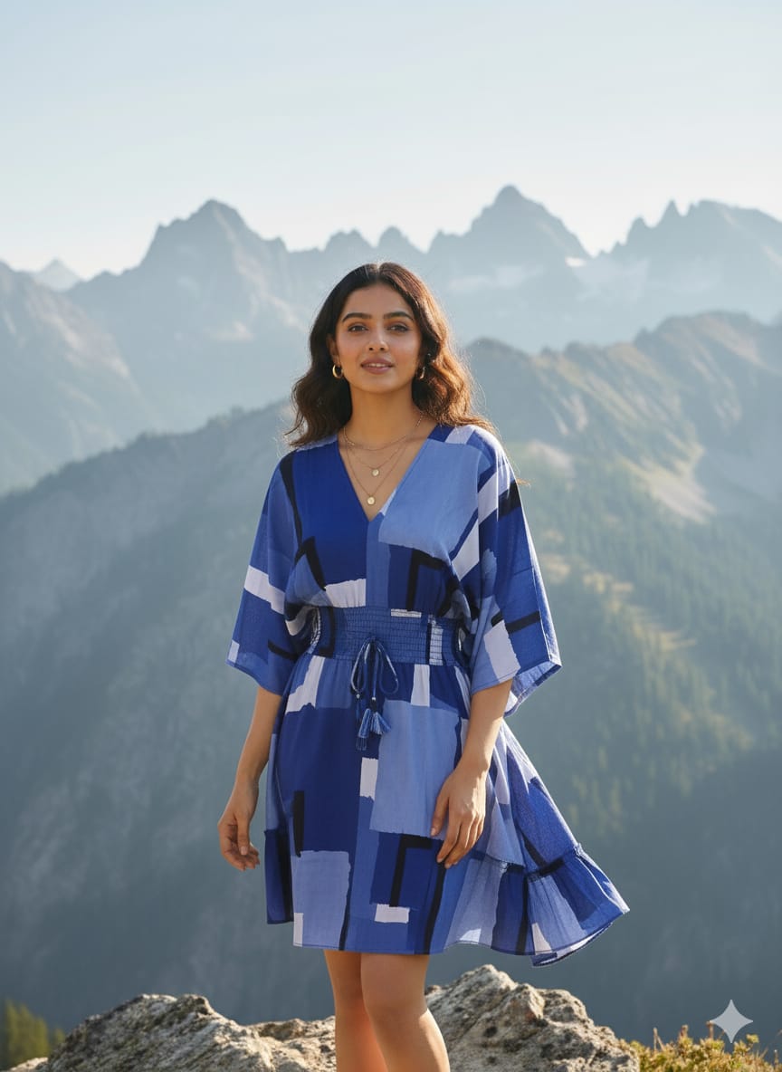 Blue Abstract Printed Rayon Dresses | Midi Dresses | Western Wear