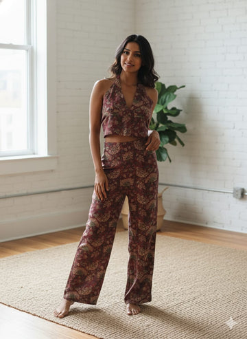 Floral Chanderi Halter Neck Crop Top & Wide-Leg Pants Co-ord Set