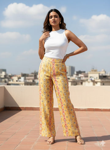 Yellow Printed Chanderi Wide Leg Pants for Women
