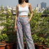 Grey Floral Printed Chanderi Straight Pants for Women