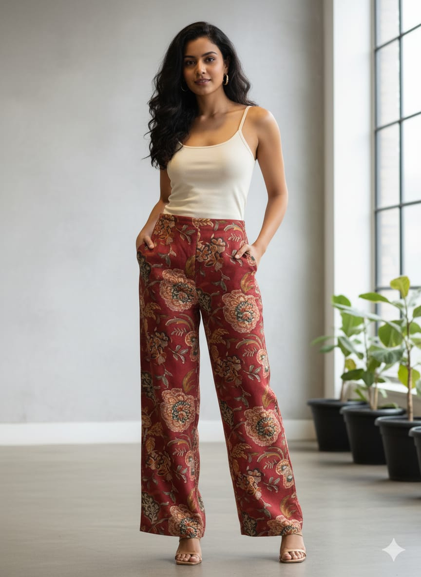 Maroon Floral Printed Chanderi Straight Pants for Women