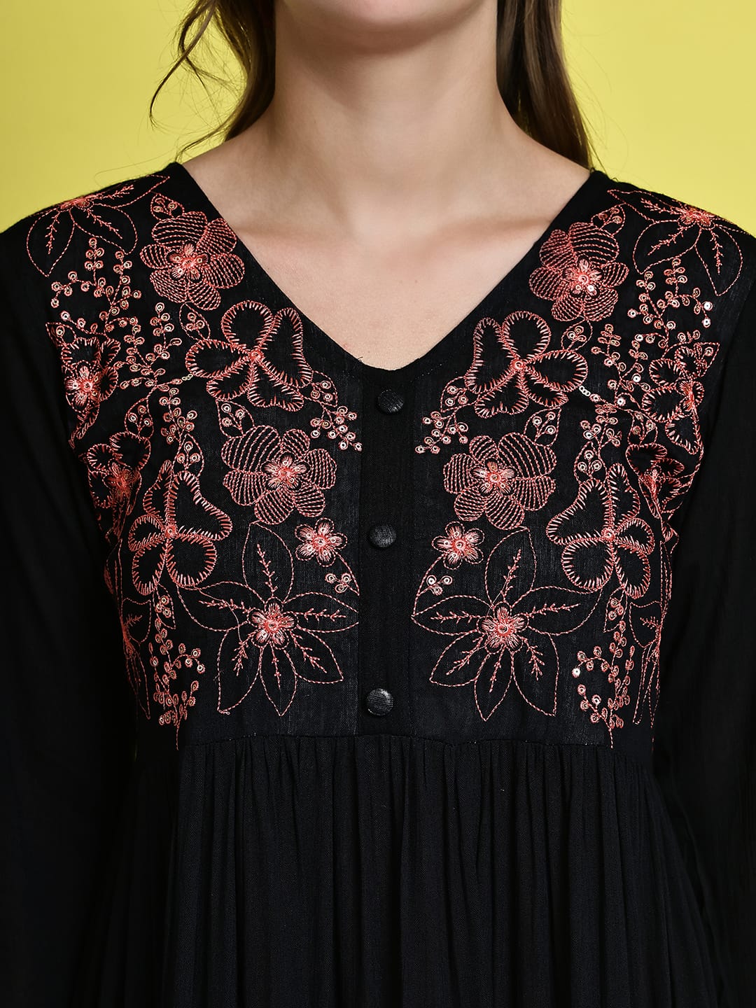 Aawari Black Rayon Crepe Short Dress with Contrasting Floral Embroidered - Midi Dresses / Western Wear
