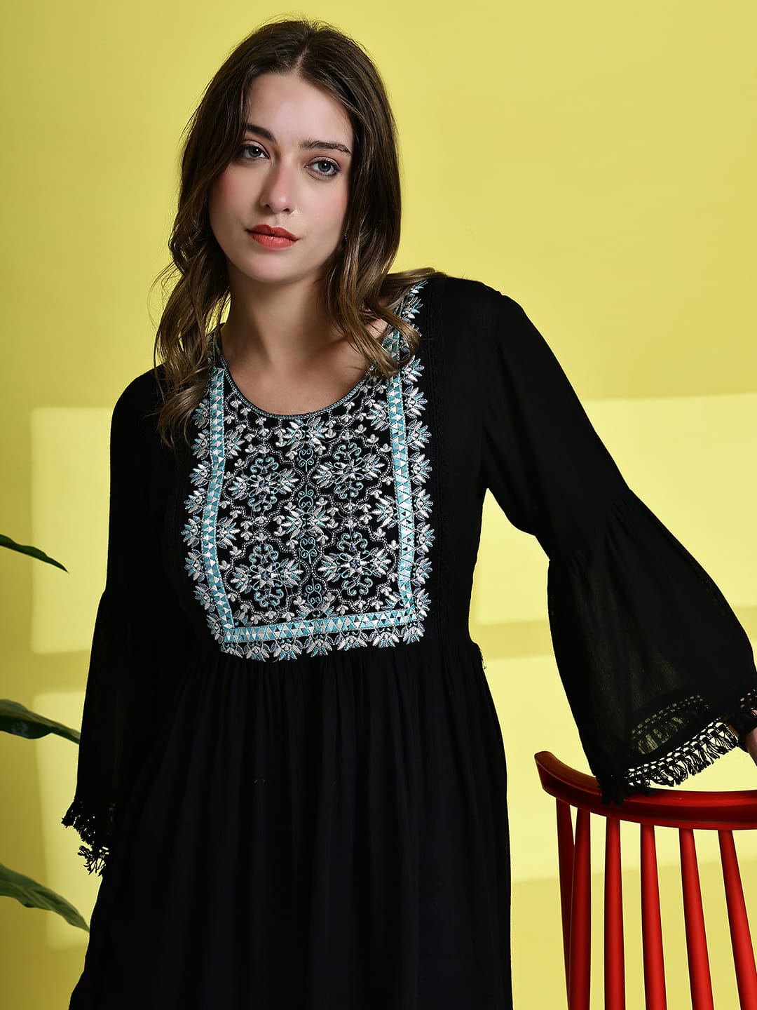 Aawari Black Short Dress with Embroidered Square Yoke - Midi Dresses / Western Wear