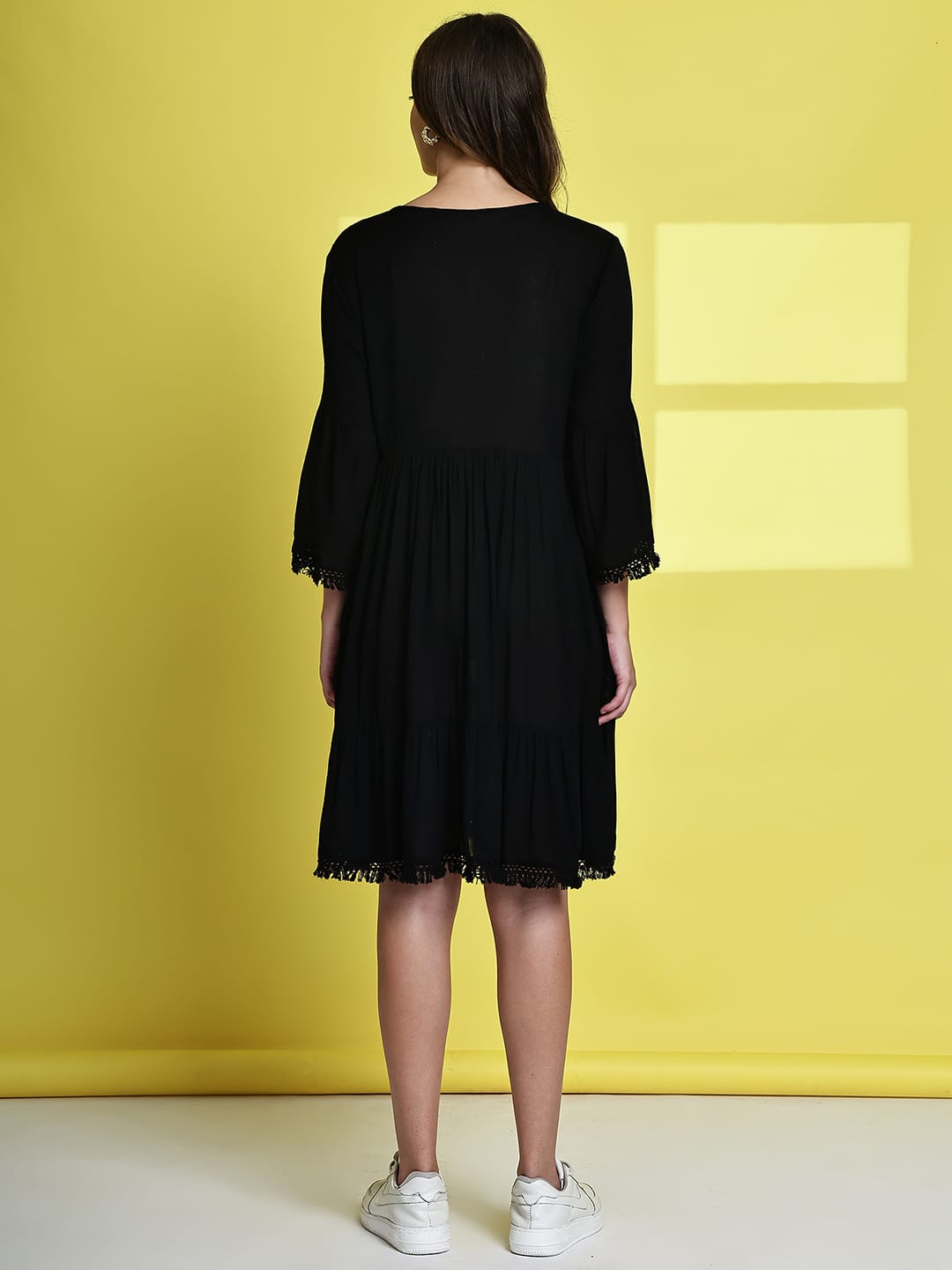 Aawari Black Short Dress with Embroidered Square Yoke - Midi Dresses / Western Wear