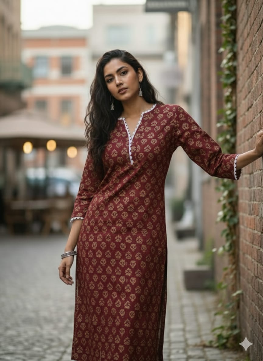Women's Maroon & Gold Traditional Print Chanderi Silk Blend Suit Sets