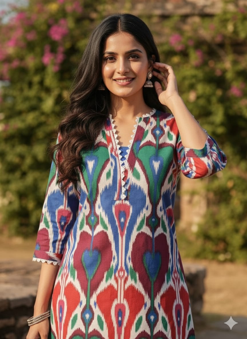 Women's Vibrant Ikat Print Cotton Suit Sets - Red, Blue & Green