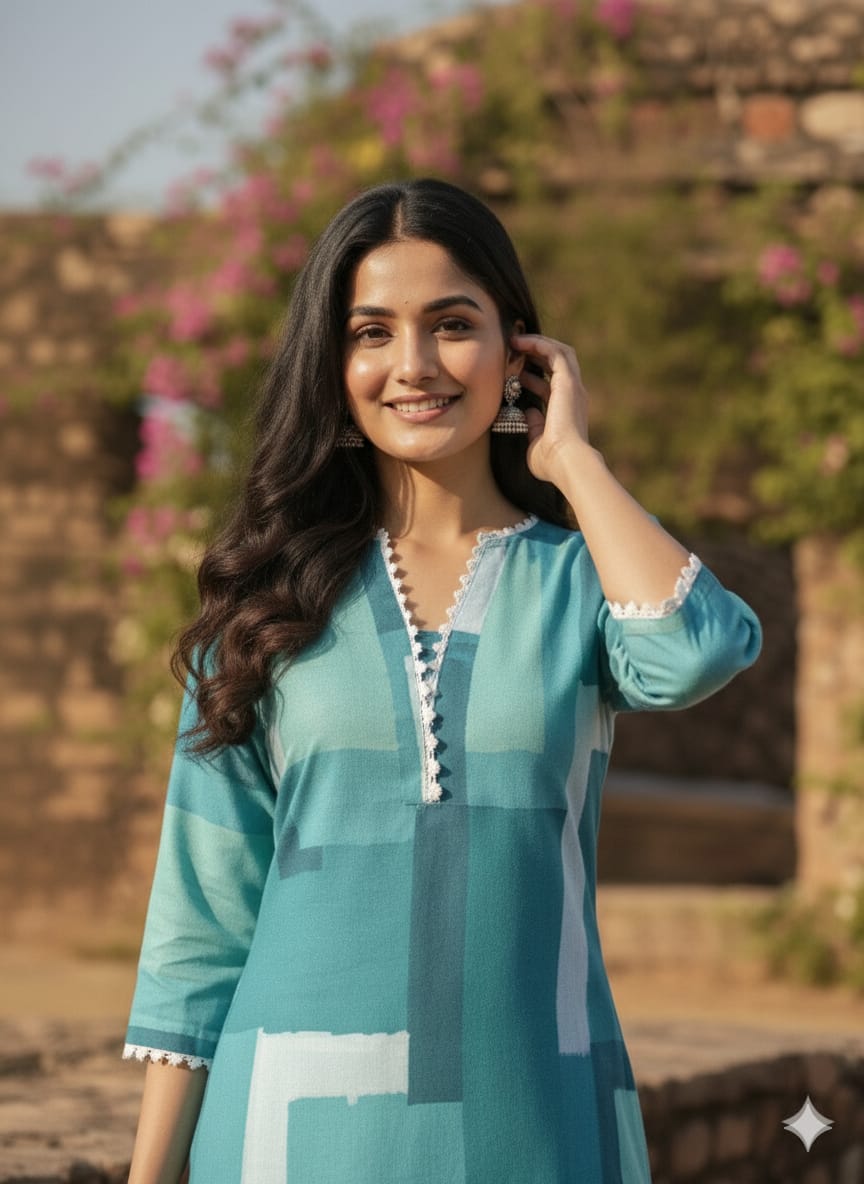 Women's Monochromatic Blue Geometric Print Rayon Suit Sets - Long Kurta