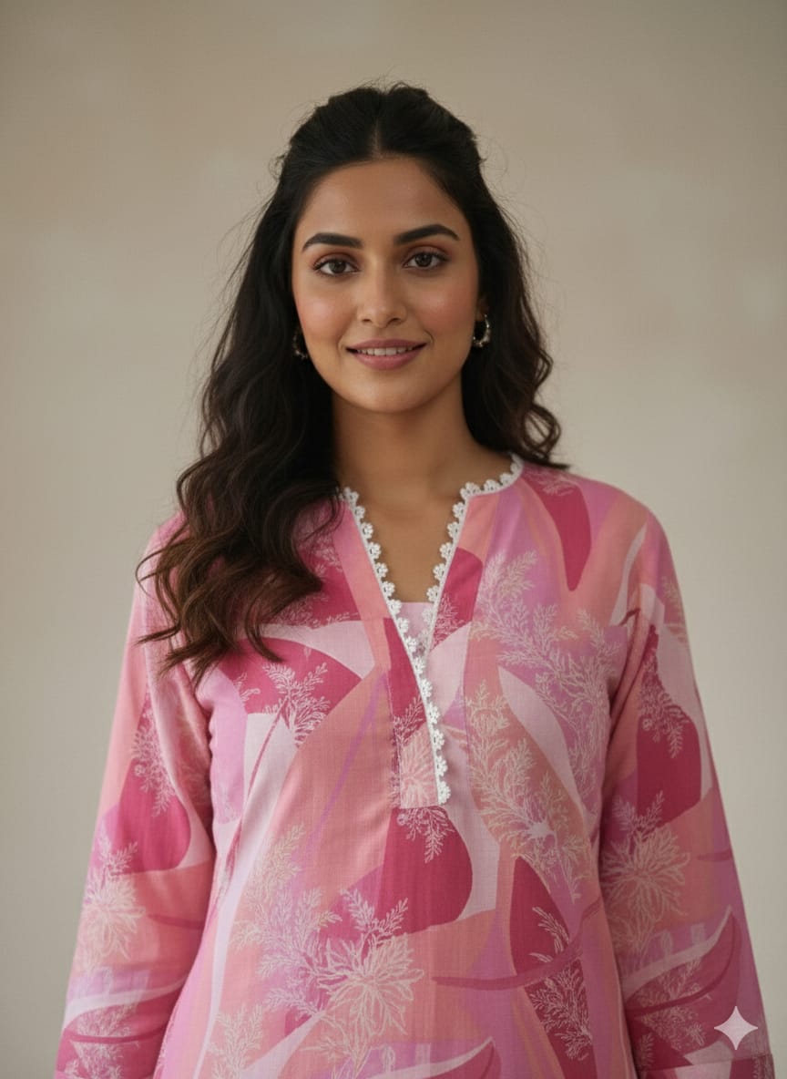 Women's Pastel Pink Abstract Print Cotton Suit Sets with Lace Trim
