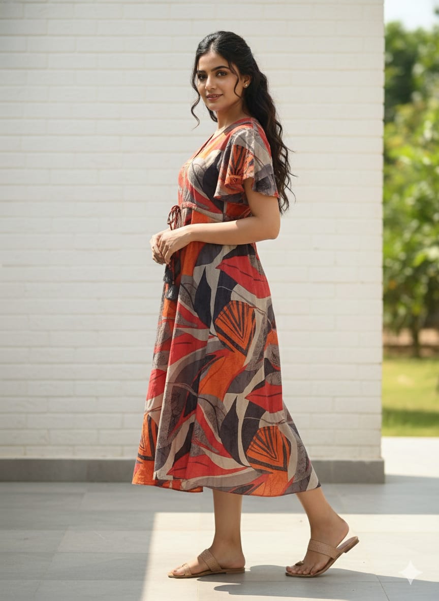 Rust & Charcoal Abstract Cotton Midi Dresses with Flutter Sleeves | Western Wear