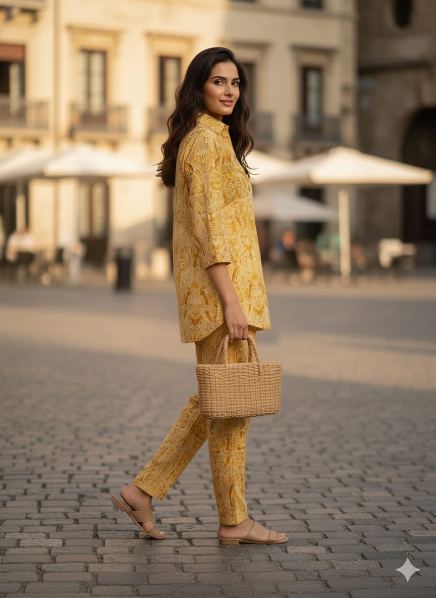Women’s Yellow Paisley Printed Rayon Shirt & Pant Co-Ord Set