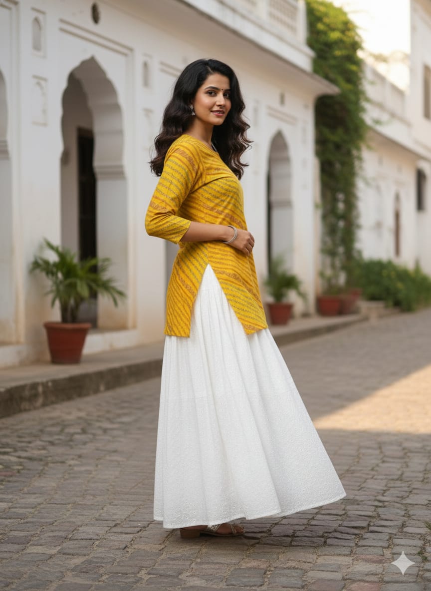 Women’s Yellow Leheriya Printed Cotton Kurta with Chikankari Flared Skirt Set