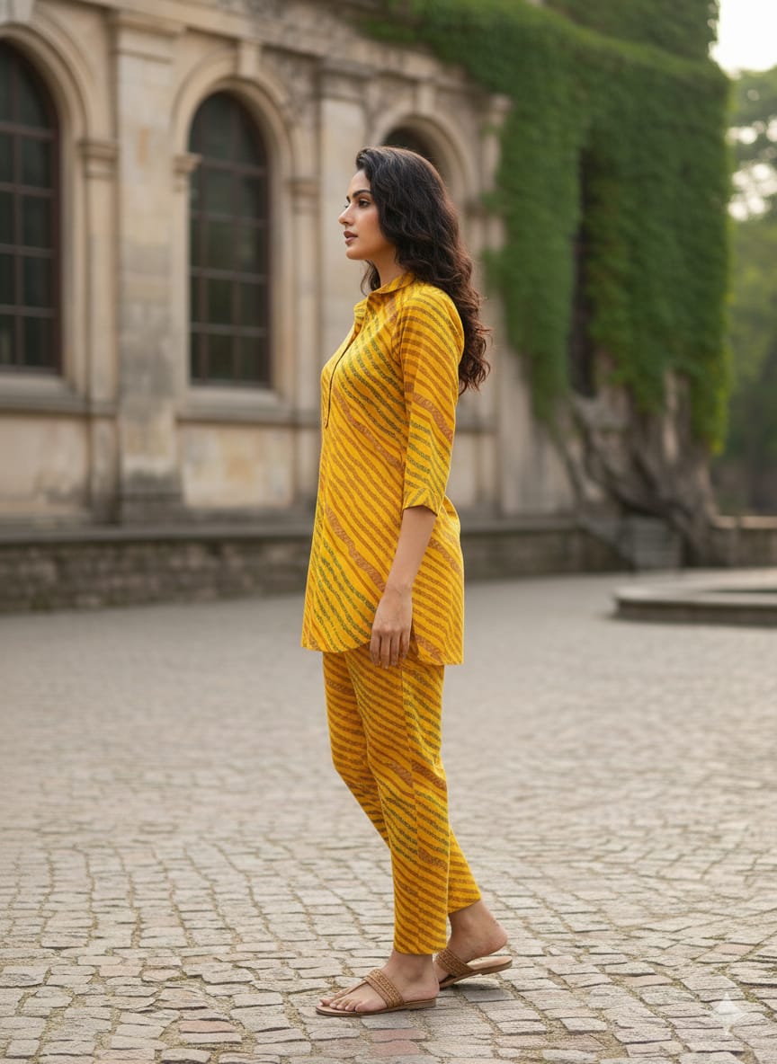 Women’s Yellow Leheriya Stripes Printed Cotton Shirt & Pant Co-Ord Set