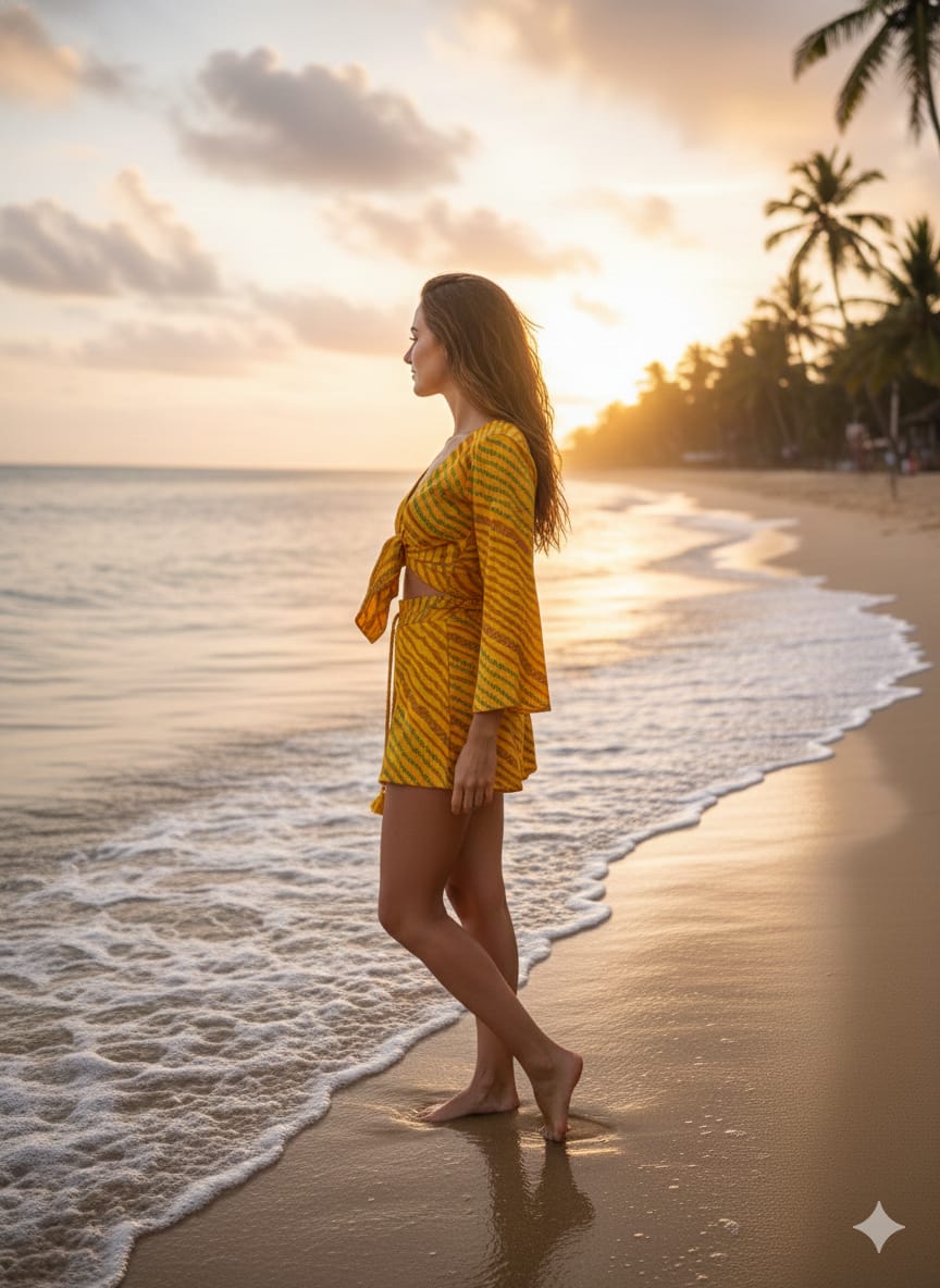 Women’s Yellow Leheriya Printed Cotton Beach Wear Set with Tie-Up Top & Shorts