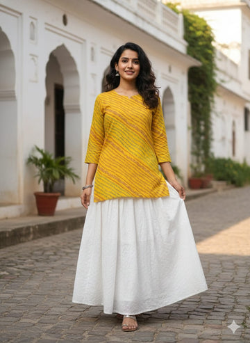 Women’s Yellow Leheriya Printed Cotton Kurta with Chikankari Flared Skirt Set