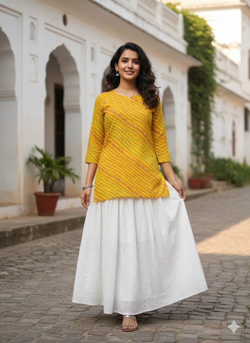 Women’s Yellow Leheriya Printed Cotton Kurta with Chikankari Flared Skirt Set