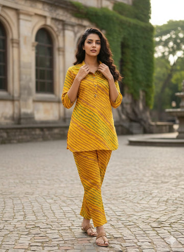 Women’s Yellow Leheriya Stripes Printed Cotton Shirt & Pant Co-Ord Set