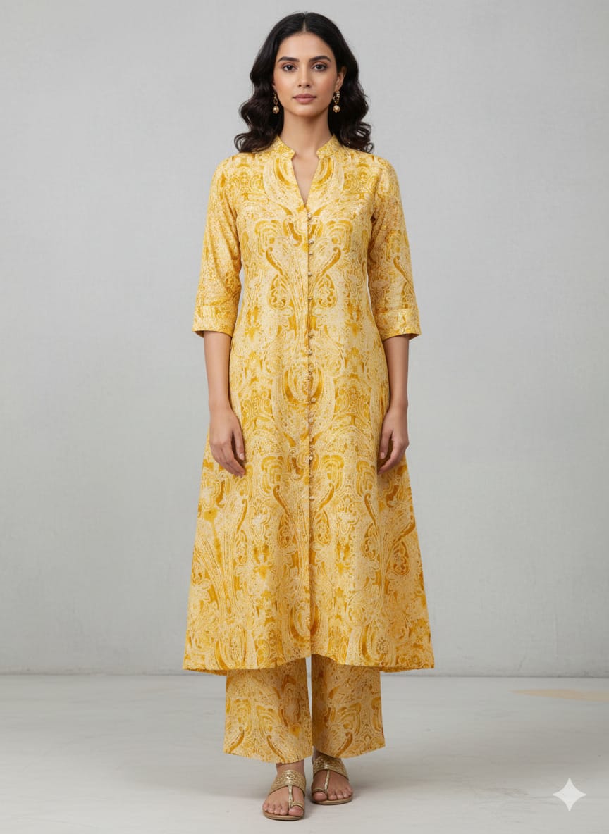 Women’s Yellow Paisley Printed Rayon Kurta Set with Straight Pants