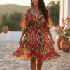 Bohemian Red & Olive Ikat Print Smocked 100% Cotton Midi Dresses for Women | Dresses | Western Wear
