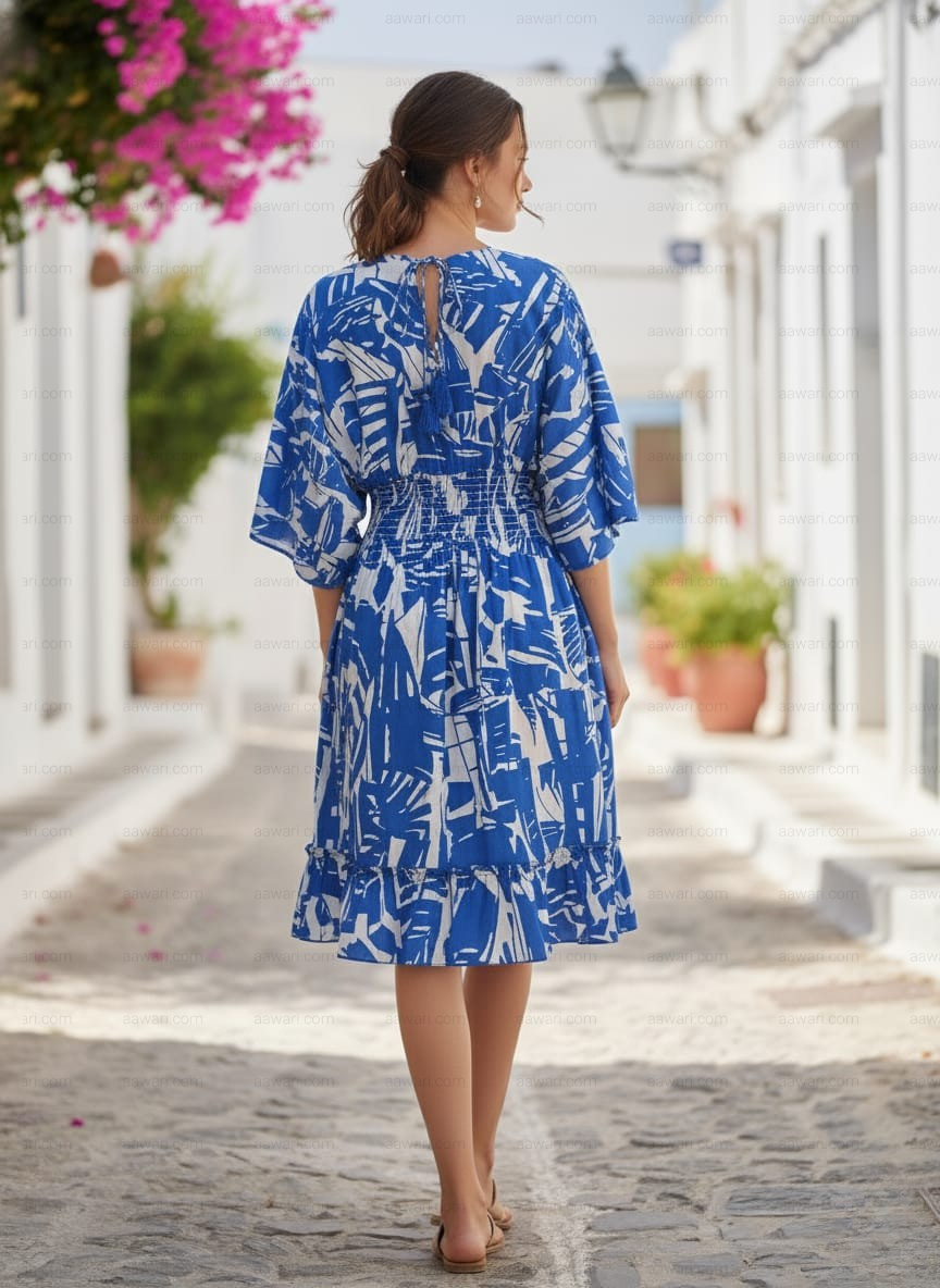 Blue & White Abstract Print 100%Cotton Midi Dresses - V-Neck Smocked Waist Summer Outfit | Dresses | Western Wear