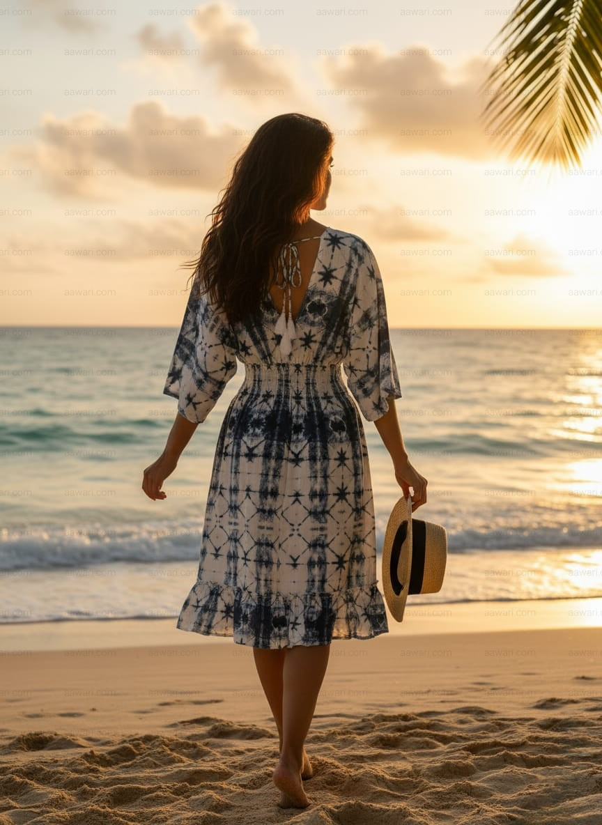 Blue & White Tie-Dye 100%Rayon Midi Dresses with Smocked Waist | Dresses | Western Wear
