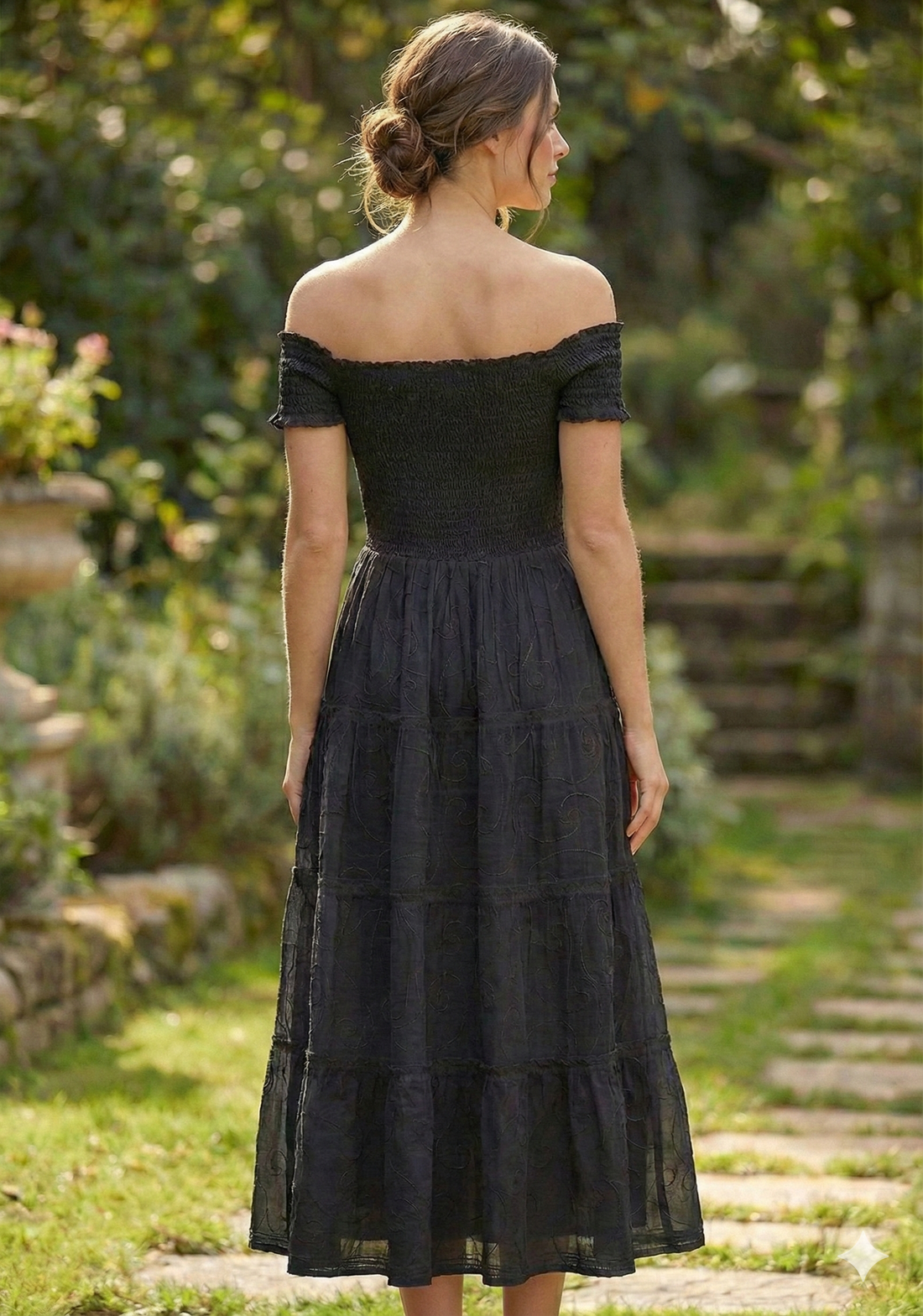 Black Smocked Cotton Off-Shoulder Midi Dress