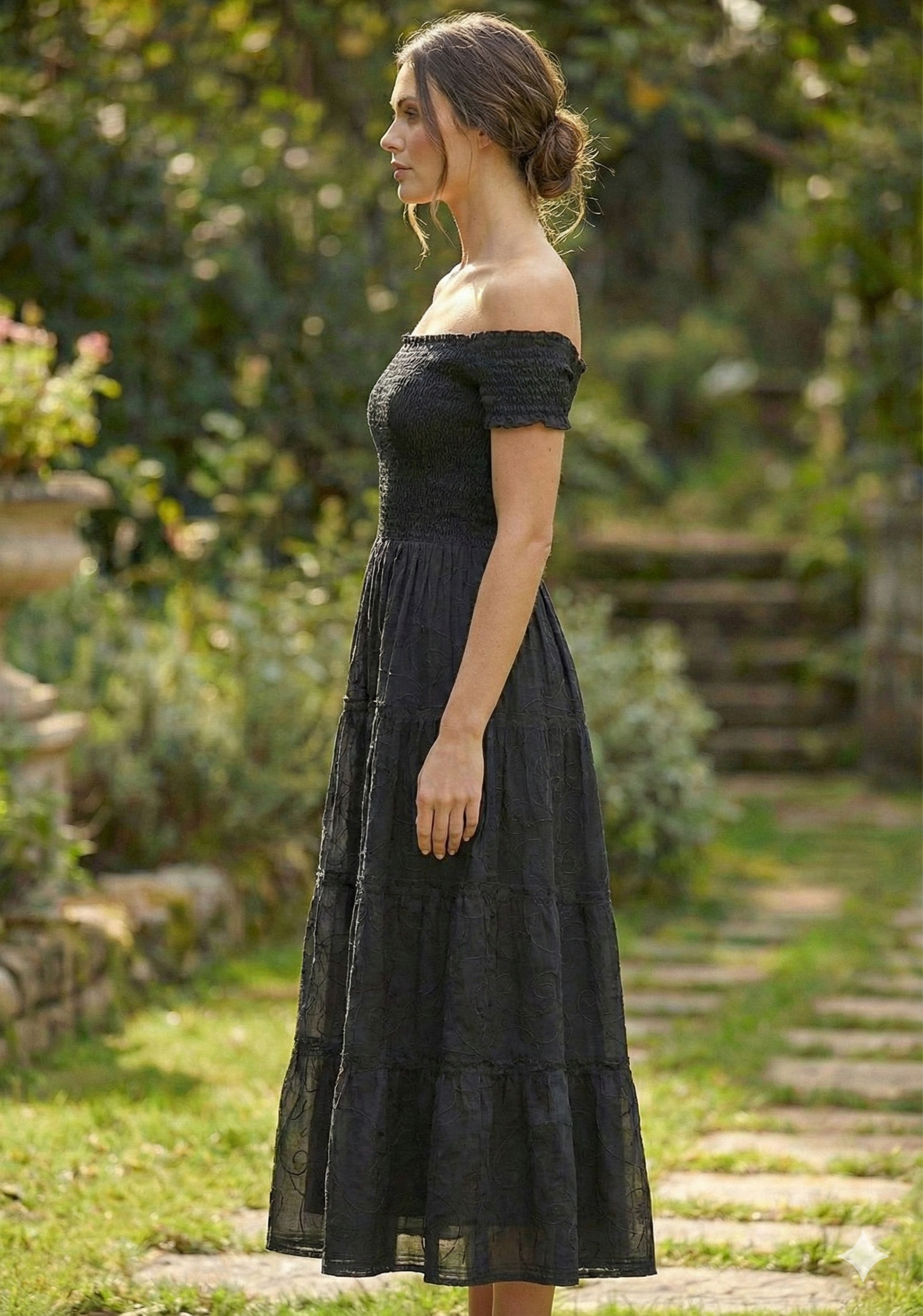 Black Smocked Cotton Off-Shoulder Midi Dress