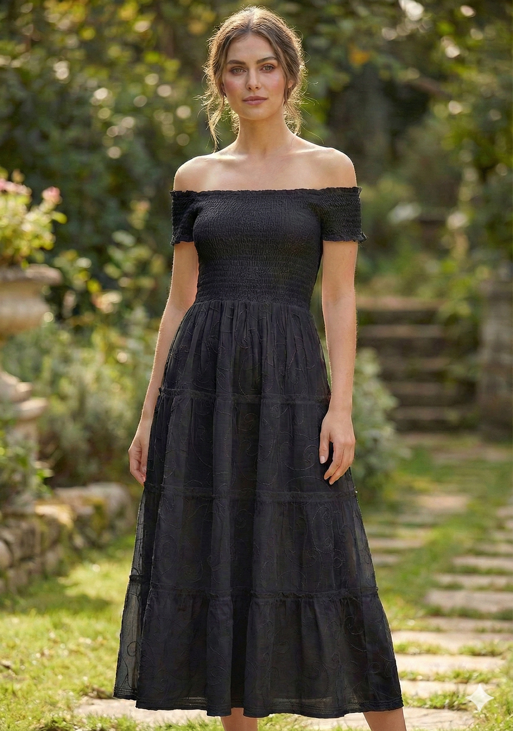 Black Smocked Cotton Off-Shoulder Midi Dress