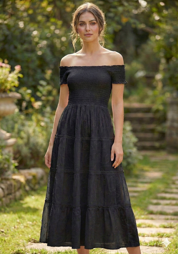 Black Smocked Cotton Off-Shoulder Midi Dress