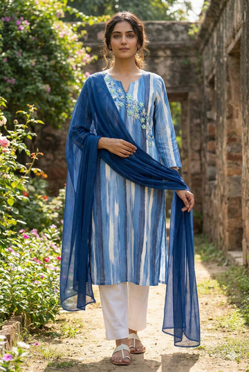 Indigo Bloom Embroidered Cotton Kurta Set with Dupatta