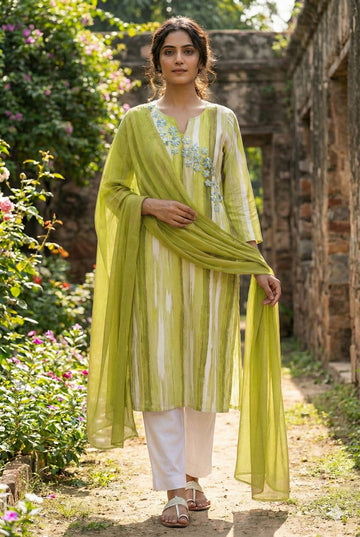 Olive Green Striped Cotton Kurta Set with Floral Embroidery & Dupatta