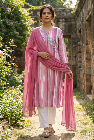 Pink Cotton Kurta Set with Embroidered Yoke & Dupatta