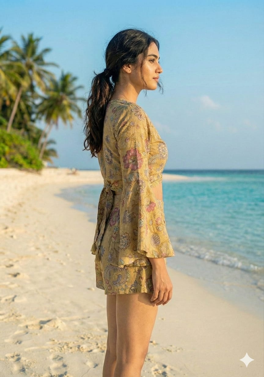 Women’s Mehandi Floral Printed Cotton Beach Wear Set with Tie-Up Top & Shorts