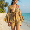Women’s Mehandi Floral Printed Cotton Beach Wear Set with Tie-Up Top & Shorts