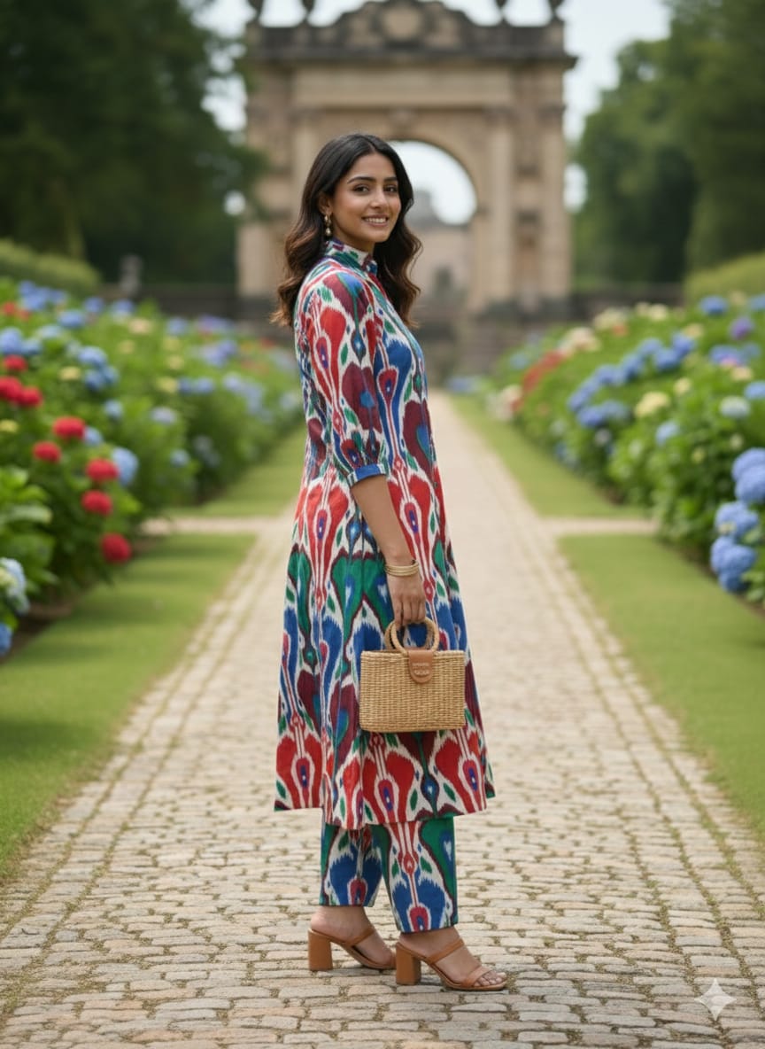 Women’s Multicolor Ikat Printed Cotton Kurta Set with Straight Pants